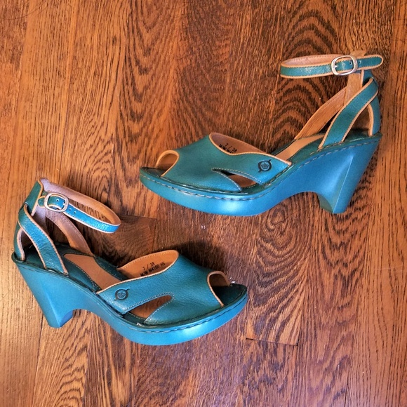 Born Shoes - BOC Born Teal Leather Peep Toe Wedges